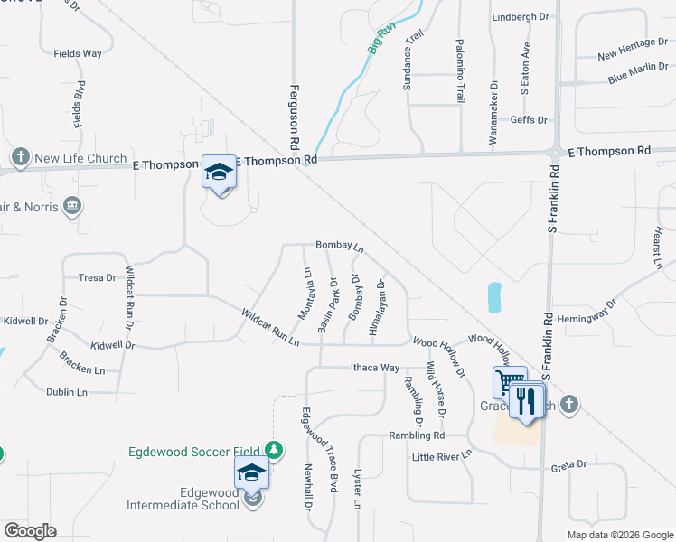 map of restaurants, bars, coffee shops, grocery stores, and more near 5247 Basin Park Drive in Indianapolis