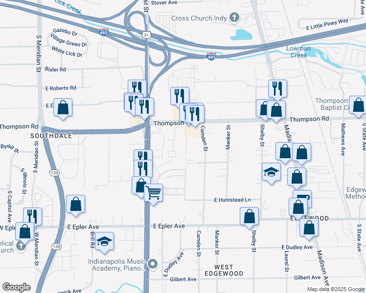 map of restaurants, bars, coffee shops, grocery stores, and more near 615 Thompson Road in Indianapolis