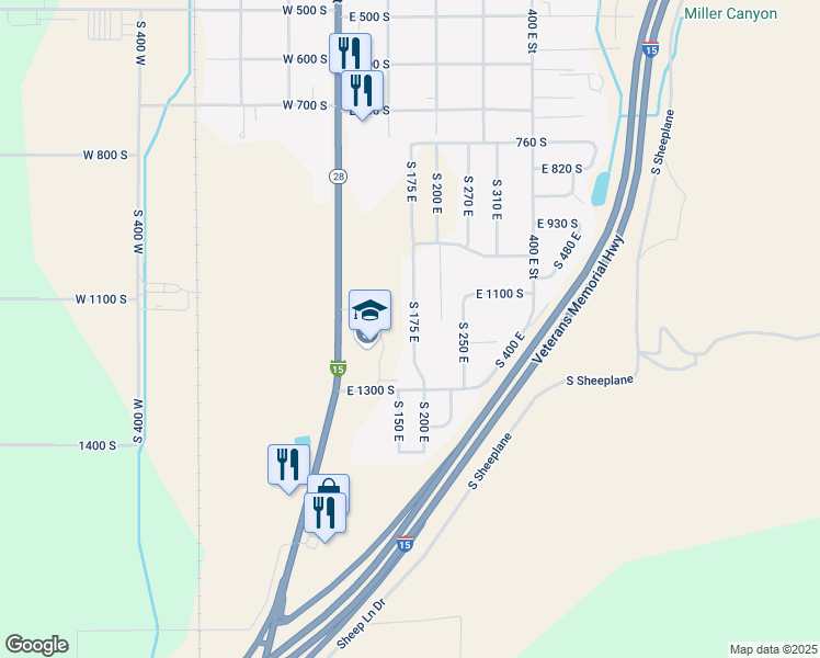 map of restaurants, bars, coffee shops, grocery stores, and more near 1146 South 175 East in Nephi