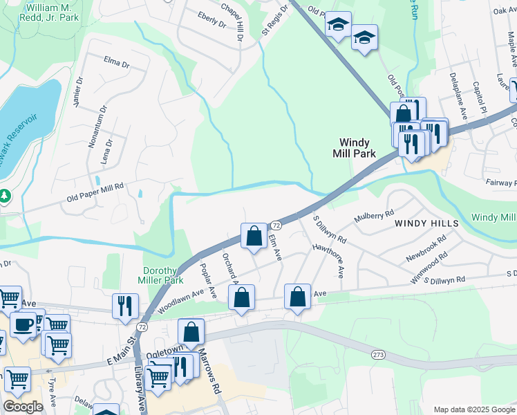 map of restaurants, bars, coffee shops, grocery stores, and more near 503 Capitol Trail in Newark