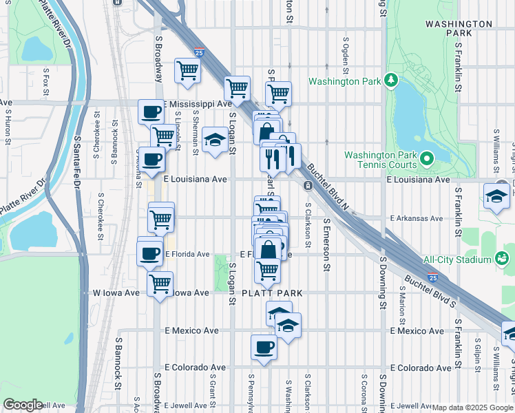 map of restaurants, bars, coffee shops, grocery stores, and more near 1372 South Pennsylvania Street in Denver