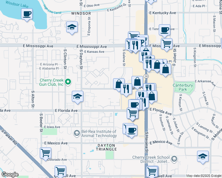 map of restaurants, bars, coffee shops, grocery stores, and more near 10100 East Idaho Place in Aurora