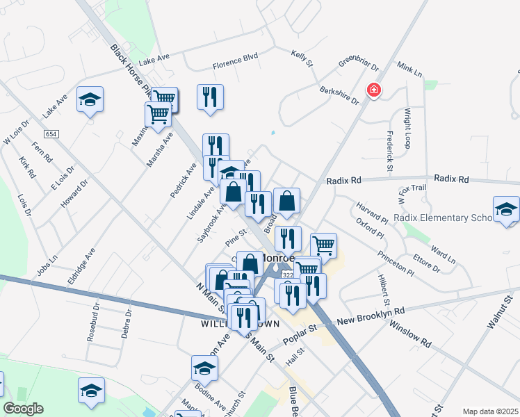 map of restaurants, bars, coffee shops, grocery stores, and more near 220 Pine Street in Monroe Township