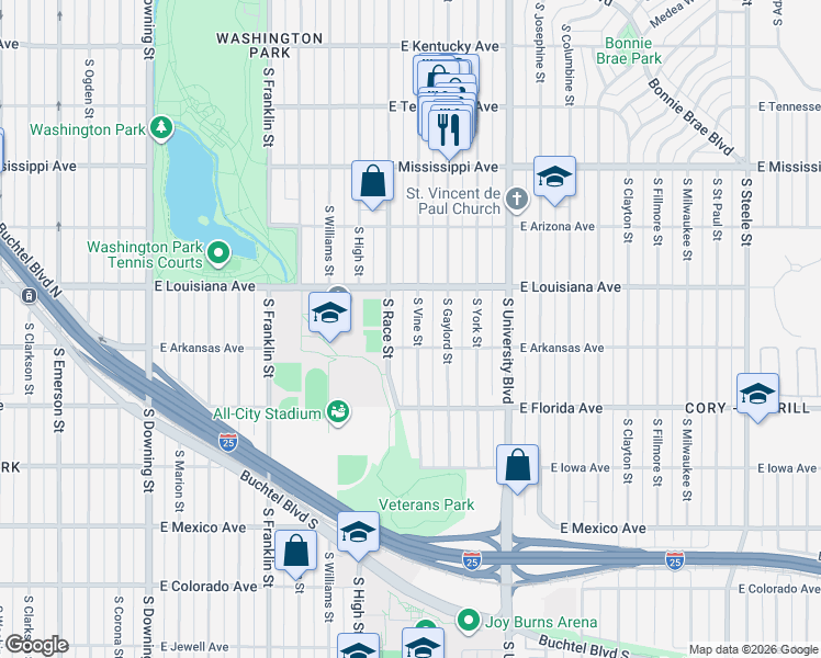 map of restaurants, bars, coffee shops, grocery stores, and more near 1365 South Vine Street in Denver
