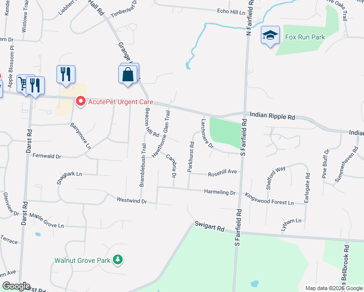map of restaurants, bars, coffee shops, grocery stores, and more near 3661 Beacon Hill Court in Dayton