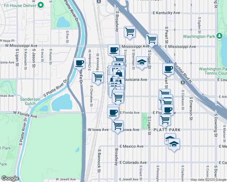 map of restaurants, bars, coffee shops, grocery stores, and more near 1395 South Broadway in Denver