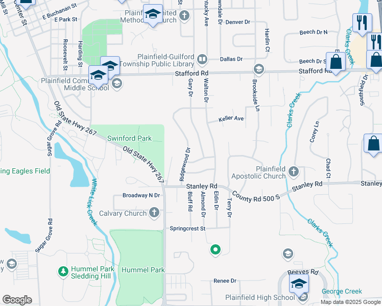 map of restaurants, bars, coffee shops, grocery stores, and more near 955 Ridgewood Drive in Plainfield
