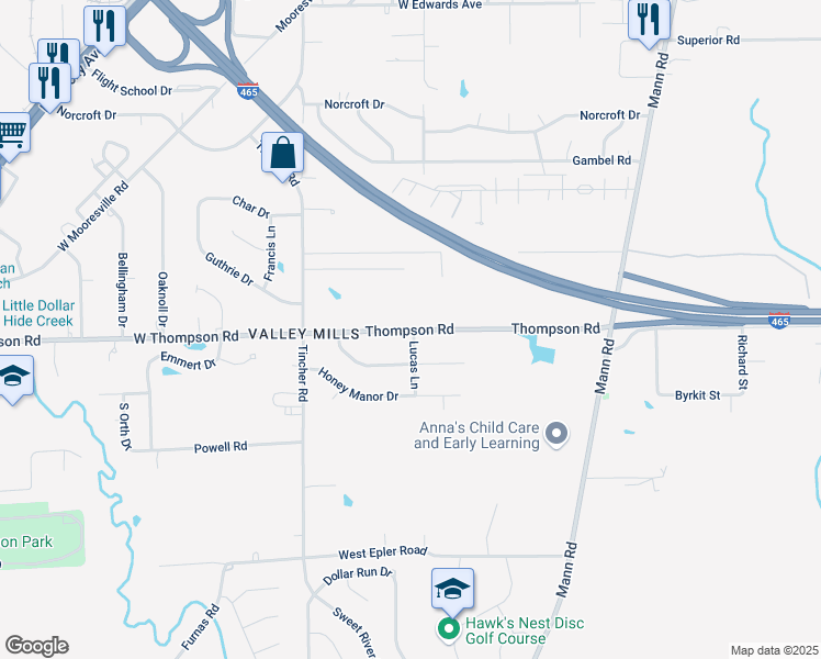 map of restaurants, bars, coffee shops, grocery stores, and more near 5308 Thompson Road in Indianapolis
