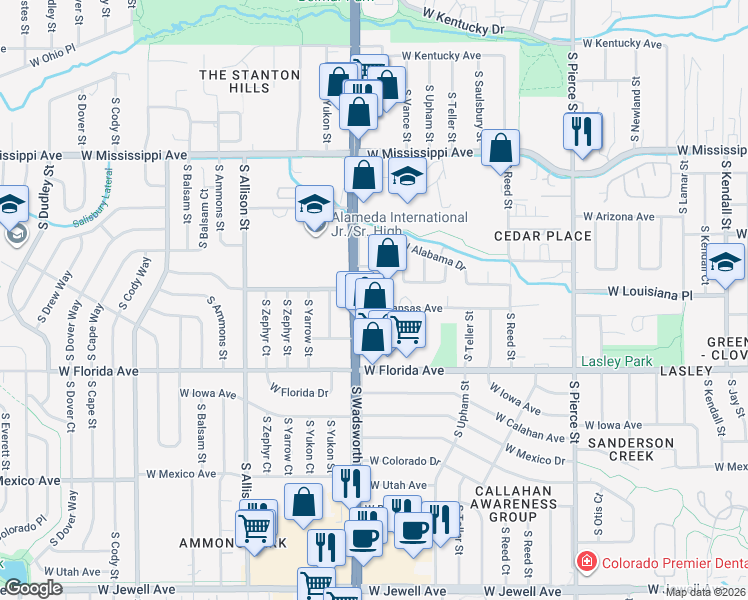 map of restaurants, bars, coffee shops, grocery stores, and more near in Lakewood