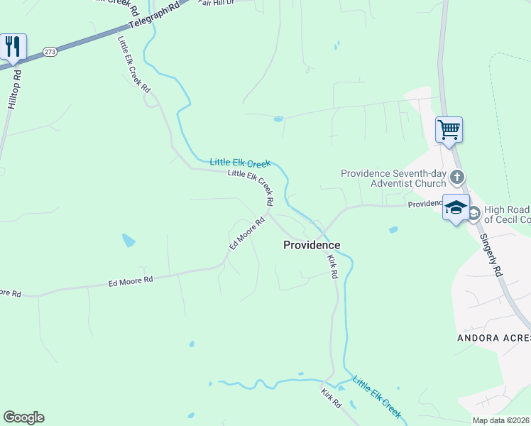 map of restaurants, bars, coffee shops, grocery stores, and more near 1 Little Elk Creek Road in Elkton