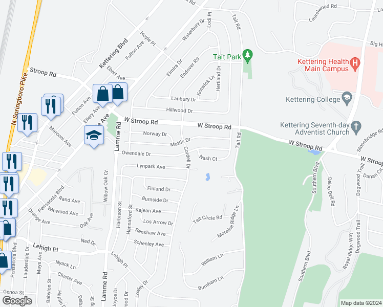 map of restaurants, bars, coffee shops, grocery stores, and more near 2004 Owendale Drive in Dayton