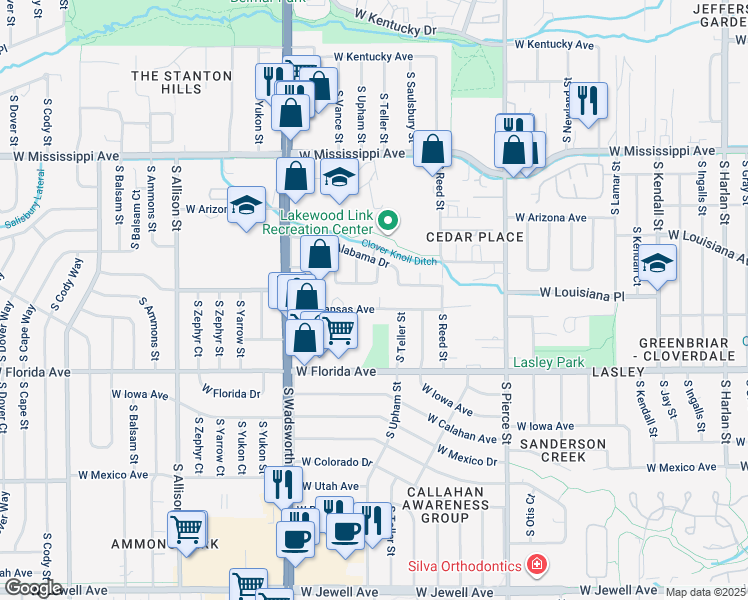 map of restaurants, bars, coffee shops, grocery stores, and more near 7235 West Arkansas Avenue in Denver