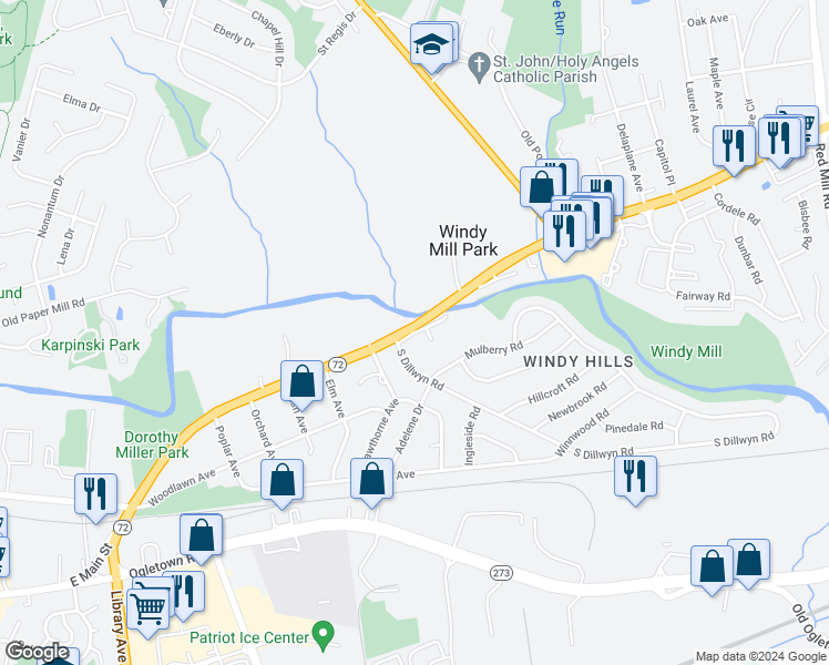 map of restaurants, bars, coffee shops, grocery stores, and more near Capitol Trail in Newark