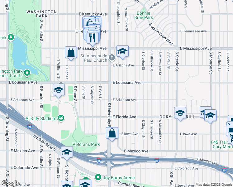 map of restaurants, bars, coffee shops, grocery stores, and more near 1382 South Josephine Street in Denver