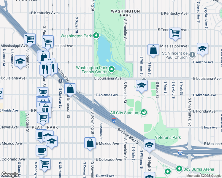 map of restaurants, bars, coffee shops, grocery stores, and more near 1379 South Lafayette Street in Denver