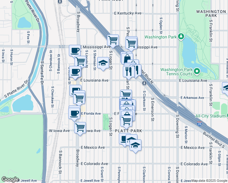 map of restaurants, bars, coffee shops, grocery stores, and more near 1381 South Pennsylvania Street in Denver