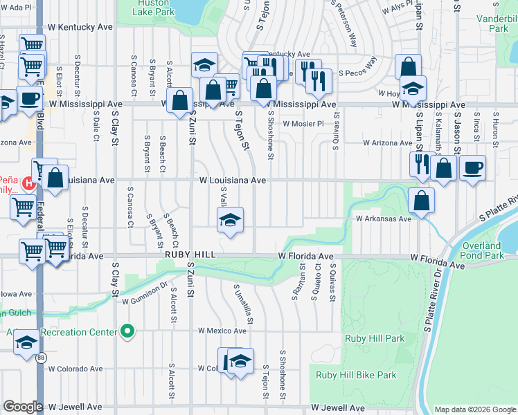 map of restaurants, bars, coffee shops, grocery stores, and more near 1371 South Tejon Street in Denver