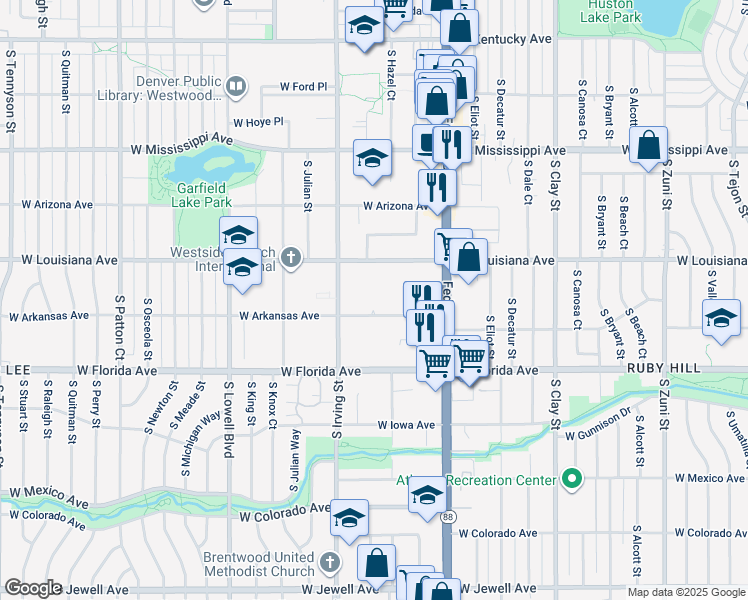 map of restaurants, bars, coffee shops, grocery stores, and more near 3185 West Arkansas Avenue in Denver