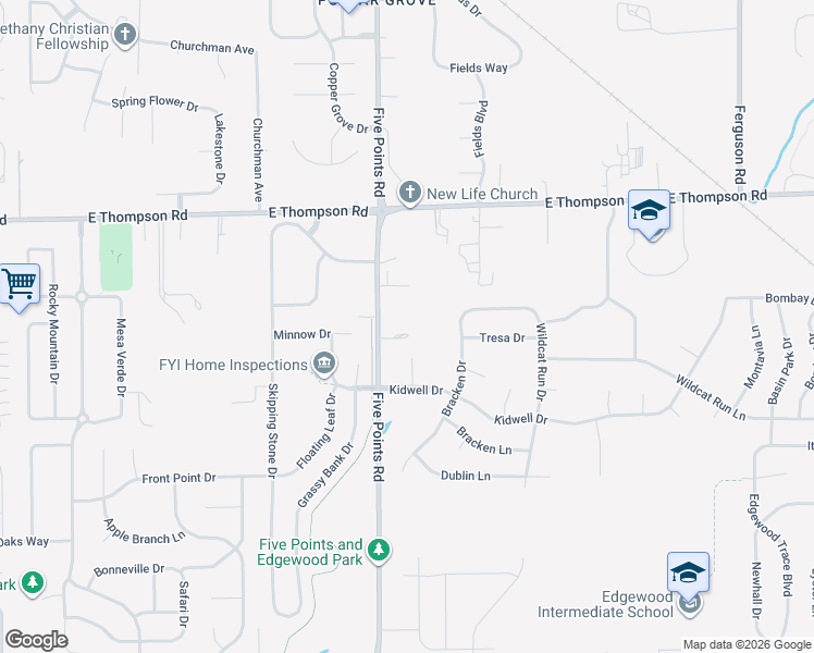 map of restaurants, bars, coffee shops, grocery stores, and more near 5239 Five Points Road in Indianapolis