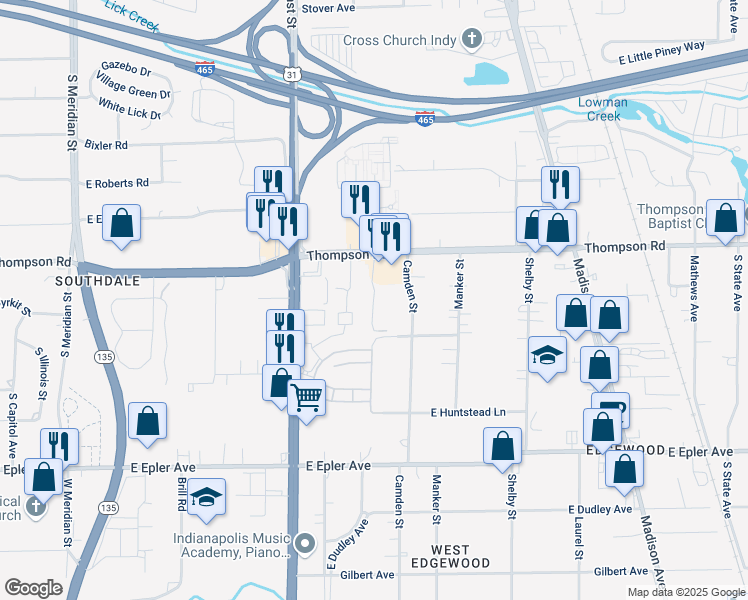 map of restaurants, bars, coffee shops, grocery stores, and more near 615 Thompson Road in Indianapolis
