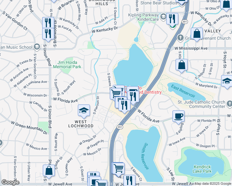 map of restaurants, bars, coffee shops, grocery stores, and more near 10881 West Florida Avenue in Lakewood
