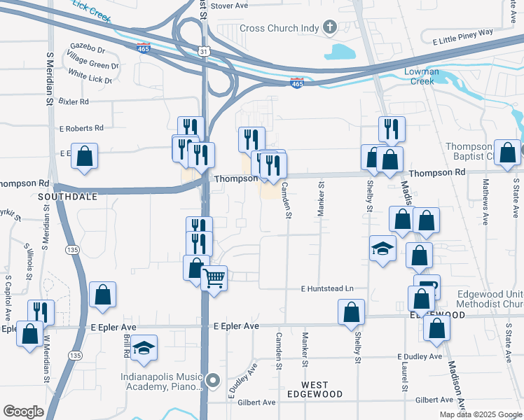 map of restaurants, bars, coffee shops, grocery stores, and more near 615 Thompson Road in Indianapolis