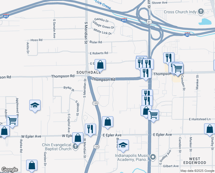 map of restaurants, bars, coffee shops, grocery stores, and more near 123 Thompson Way in Indianapolis