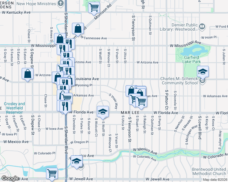 map of restaurants, bars, coffee shops, grocery stores, and more near 1400 South Vrain Way in Denver
