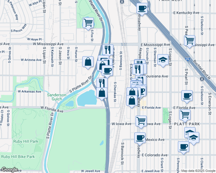 map of restaurants, bars, coffee shops, grocery stores, and more near 1398 South Santa Fe Drive in Denver