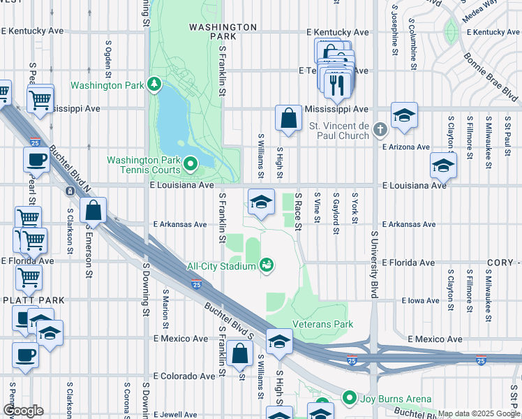 map of restaurants, bars, coffee shops, grocery stores, and more near 1700 East Louisiana Avenue in Denver