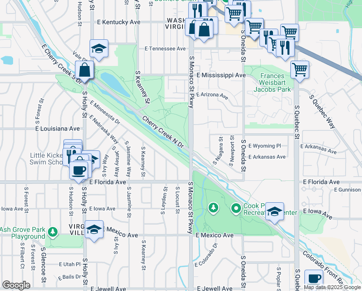 map of restaurants, bars, coffee shops, grocery stores, and more near Cherry Creek North Drive in Denver