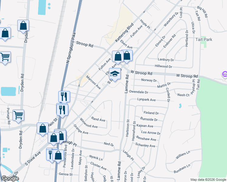 map of restaurants, bars, coffee shops, grocery stores, and more near 4100 South Dixie Drive in Moraine