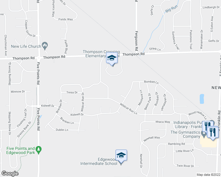 map of restaurants, bars, coffee shops, grocery stores, and more near 5245 Choctaw Ridge Way in Indianapolis