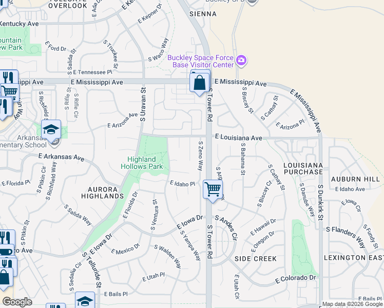 map of restaurants, bars, coffee shops, grocery stores, and more near 1385 South Zeno Way in Aurora