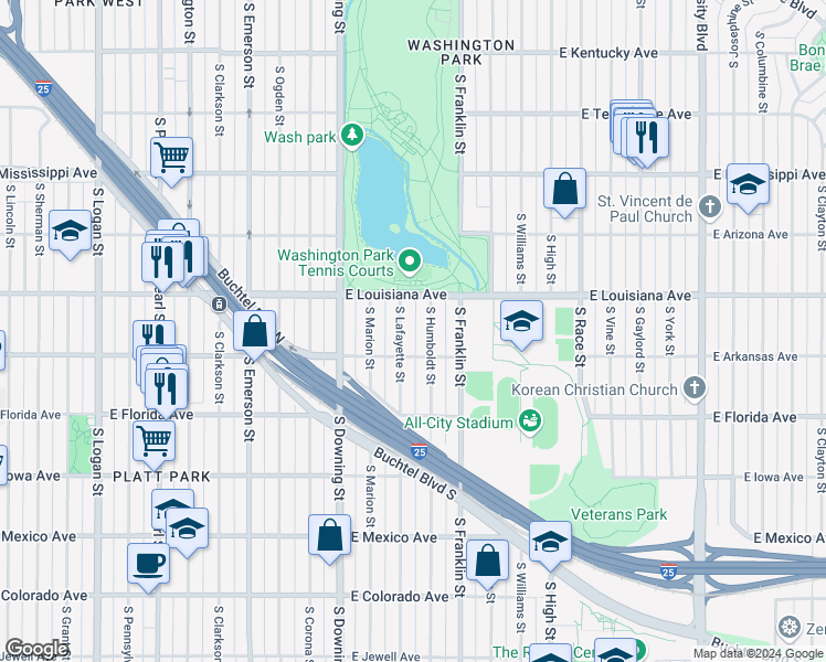 map of restaurants, bars, coffee shops, grocery stores, and more near 1383 South Humboldt Street in Denver