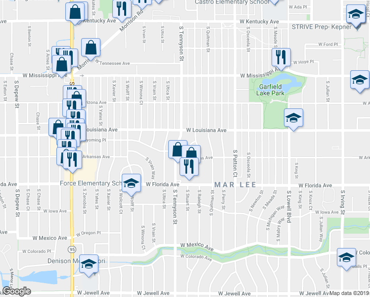 map of restaurants, bars, coffee shops, grocery stores, and more near 1389 South Stuart Way in Denver