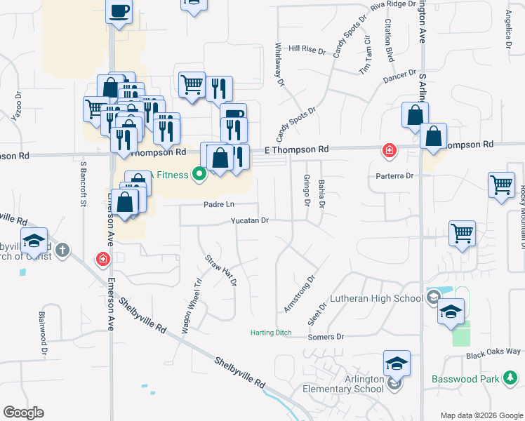 map of restaurants, bars, coffee shops, grocery stores, and more near 5508 Yucatan Drive in Indianapolis