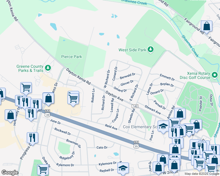 map of restaurants, bars, coffee shops, grocery stores, and more near 1415 Omard Drive in Xenia
