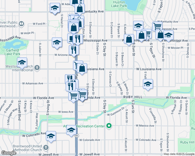 map of restaurants, bars, coffee shops, grocery stores, and more near 1374 South Dale Court in Denver