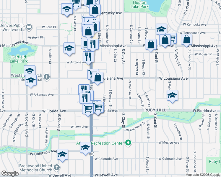 map of restaurants, bars, coffee shops, grocery stores, and more near 1342 South Decatur Street in Denver