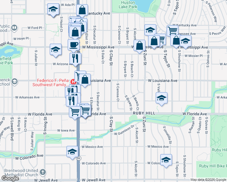 map of restaurants, bars, coffee shops, grocery stores, and more near 1375 South Canosa Court in Denver