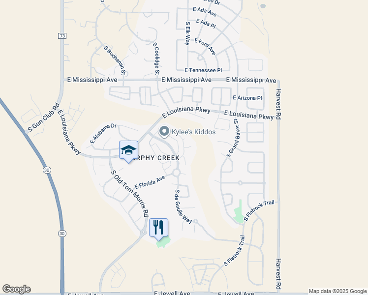 map of restaurants, bars, coffee shops, grocery stores, and more near East 1st Avenue in Aurora