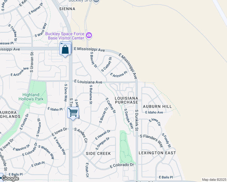 map of restaurants, bars, coffee shops, grocery stores, and more near 1361 South Cathay Court in Aurora