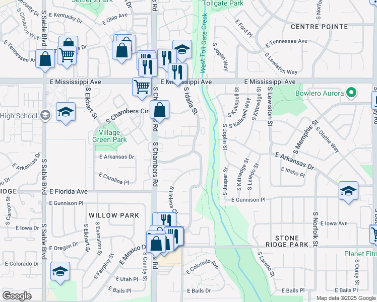 map of restaurants, bars, coffee shops, grocery stores, and more near 1379 South Idalia Street in Aurora