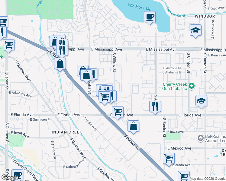 map of restaurants, bars, coffee shops, grocery stores, and more near 1381 South Willow Street in Denver