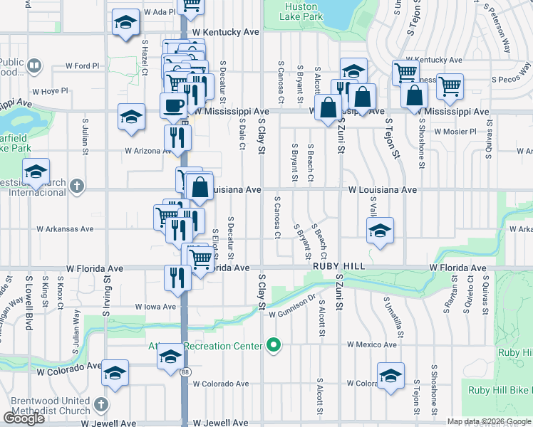 map of restaurants, bars, coffee shops, grocery stores, and more near 1375 South Canosa Court in Denver