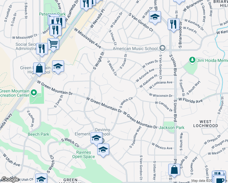 map of restaurants, bars, coffee shops, grocery stores, and more near 1411 South Ward Court in Lakewood