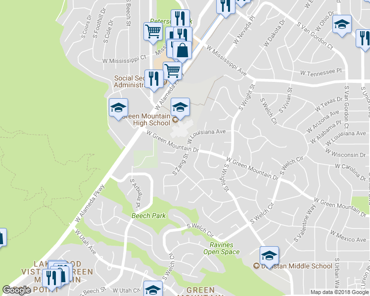 map of restaurants, bars, coffee shops, grocery stores, and more near 13068 West Arkansas Place in Lakewood