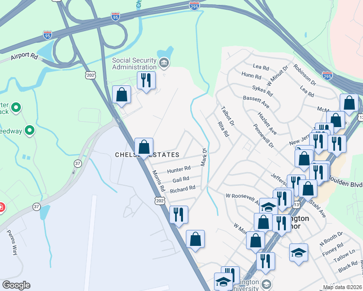 map of restaurants, bars, coffee shops, grocery stores, and more near 3 Godwin Road in Wilmington Manor