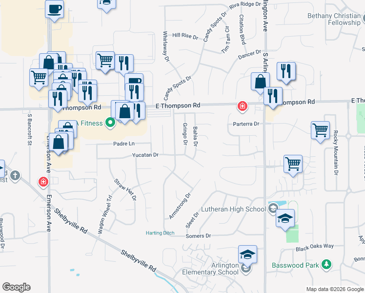 map of restaurants, bars, coffee shops, grocery stores, and more near 5530 Yucatan Drive in Indianapolis